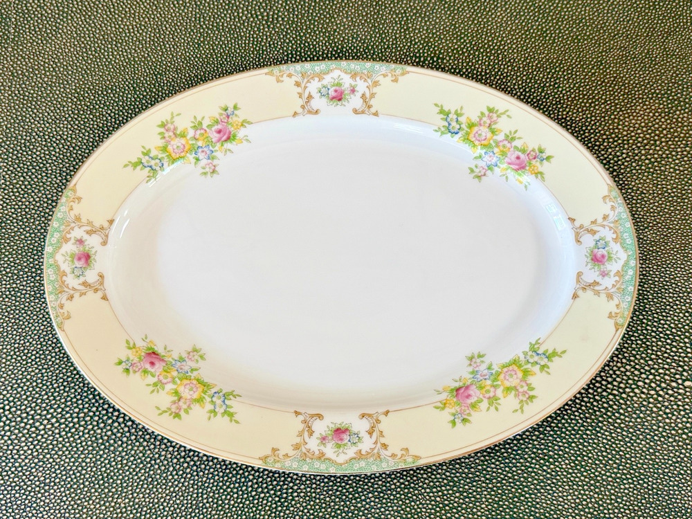 1930s Meito China MEI597 Hand Painted Floral Oval Serving Platter Japan 13"
